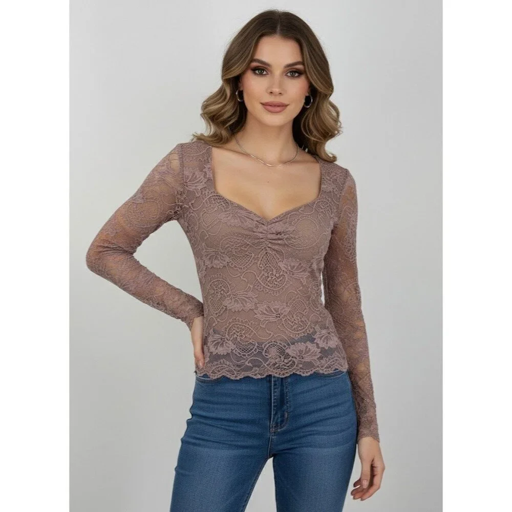 Guess Mauve Sweetheart Neck Lace Top • Coquette Fairycore Baddie Soft Girl Y2K